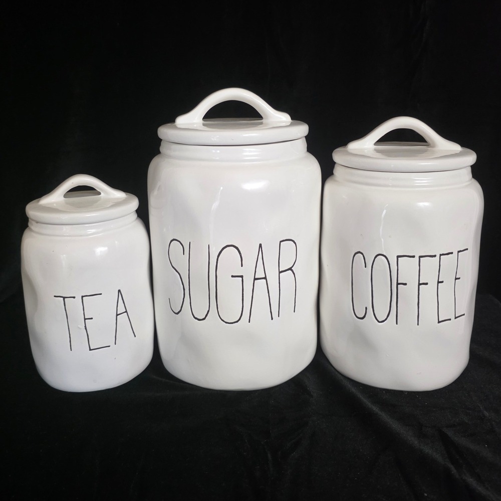 Rae Dunn White Ceramic Sugar Coffee Tea Canister Set Farmhouse 3 Piece READ